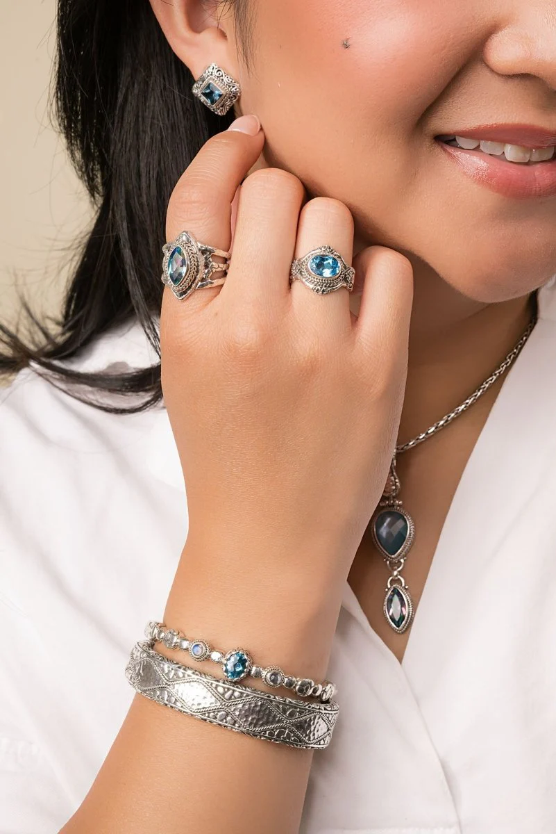 Hello Hope, Goodbye Hopelessness Bangle Bracelet™ in Swiss Blue Topaz & Rainbow Moonstone - Image 2