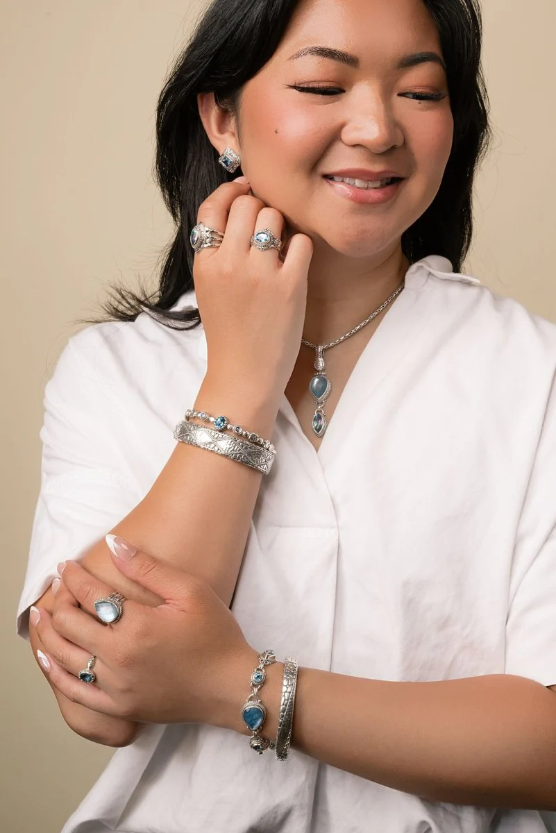 Hello Hope, Goodbye Hopelessness Bangle Bracelet™ in Swiss Blue Topaz & Rainbow Moonstone - Image 6