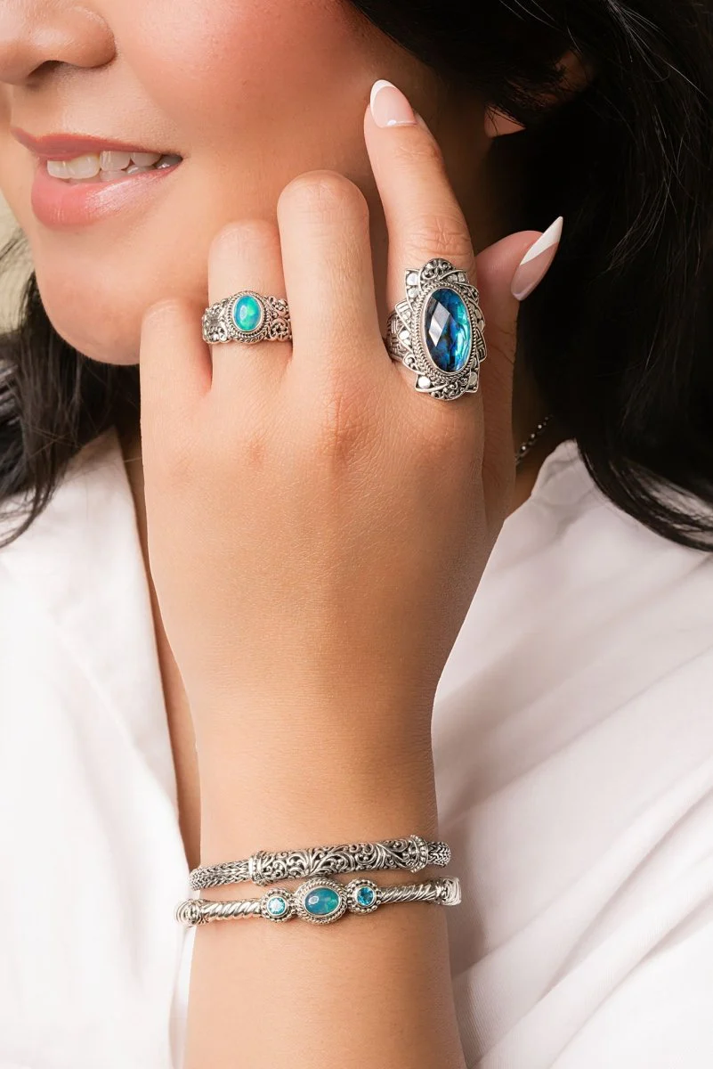 Hello New Horizon, Goodbye Barriers Bangle Bracelet™ in Paraiba Ethiopian Opal & Bali Breeze™ Mystic Topaz - Image 2